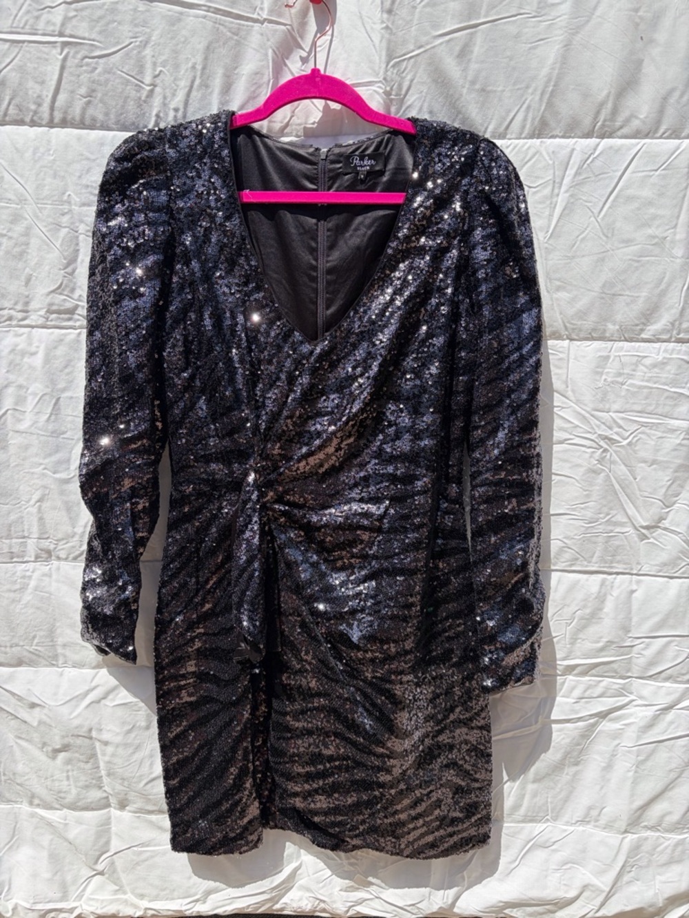 Sequin Twist-Front Long Sleeve Dress in Black